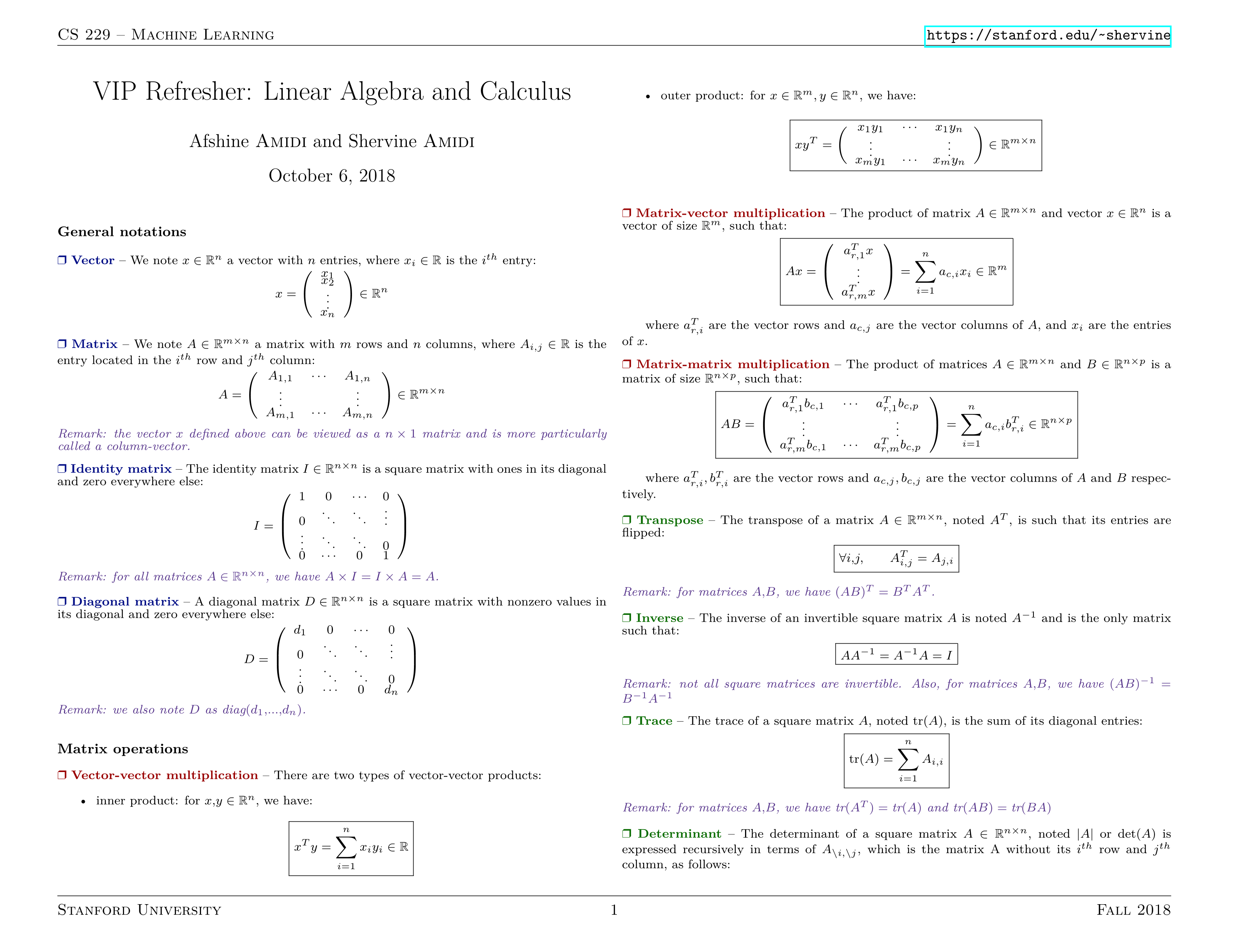 Linear Algebra and calculus cheat sheet pdf